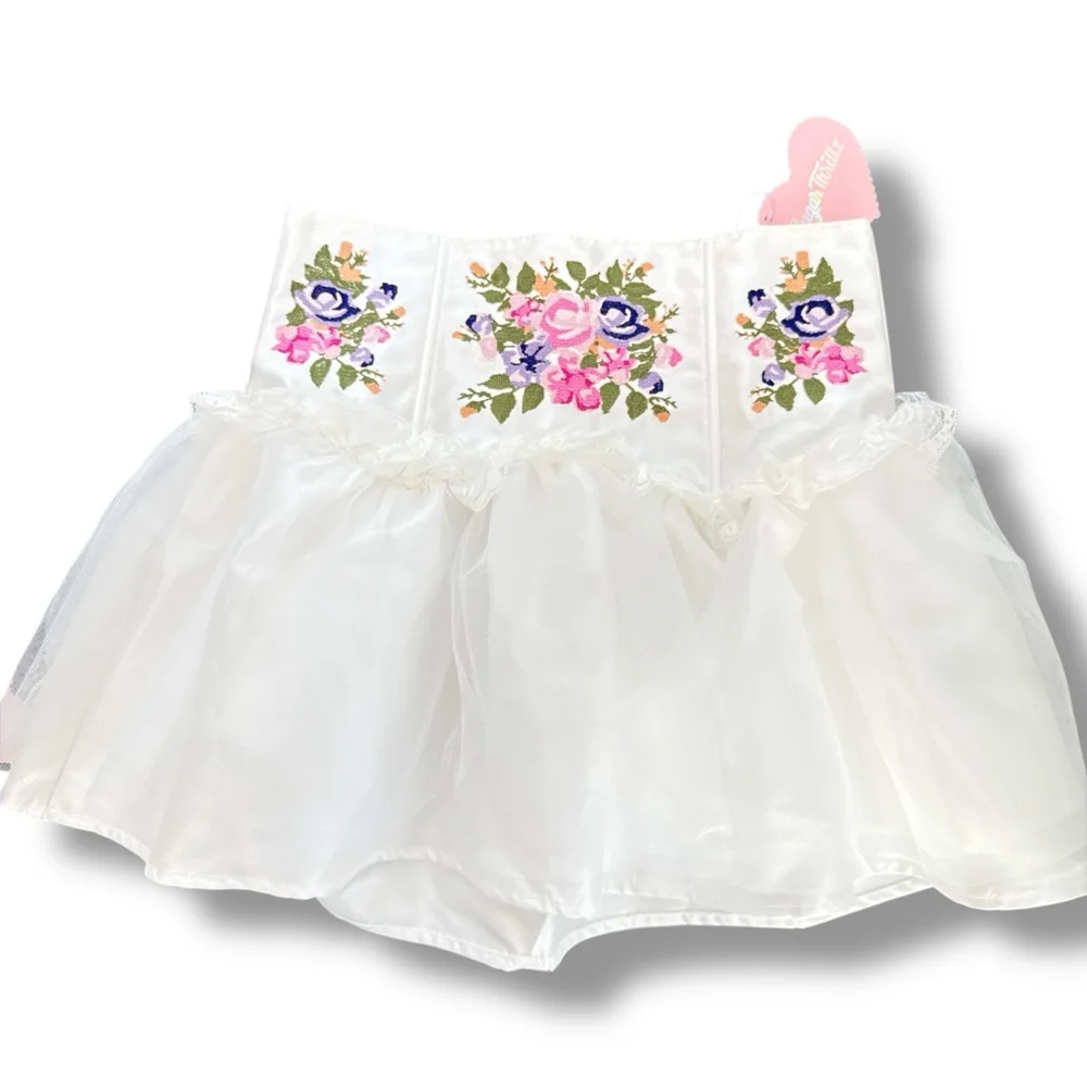 Sugar Thrillz Garden GateWhite Multicolor Floral Embroidered Tulle Mini Skirt XS